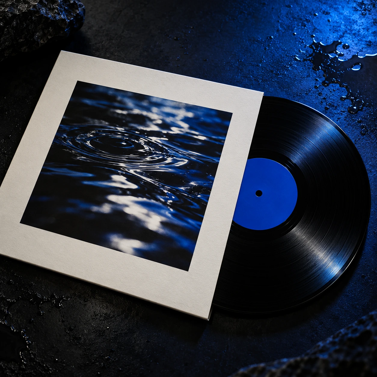 Black vinyl with a cobalt label and an ivory sleeve featuring water ripple artwork